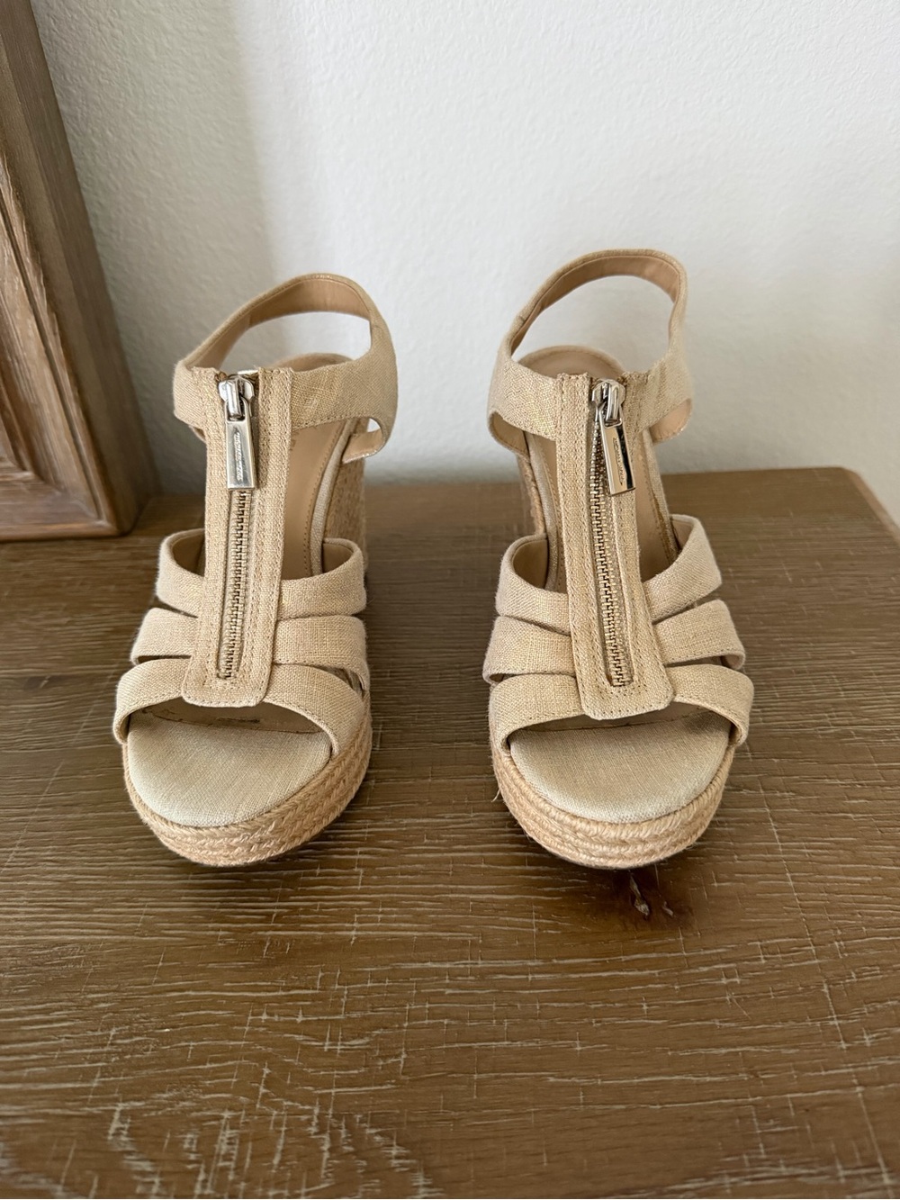 Michael Kors Beige Espadrille Wedge Sandal with Front Zip